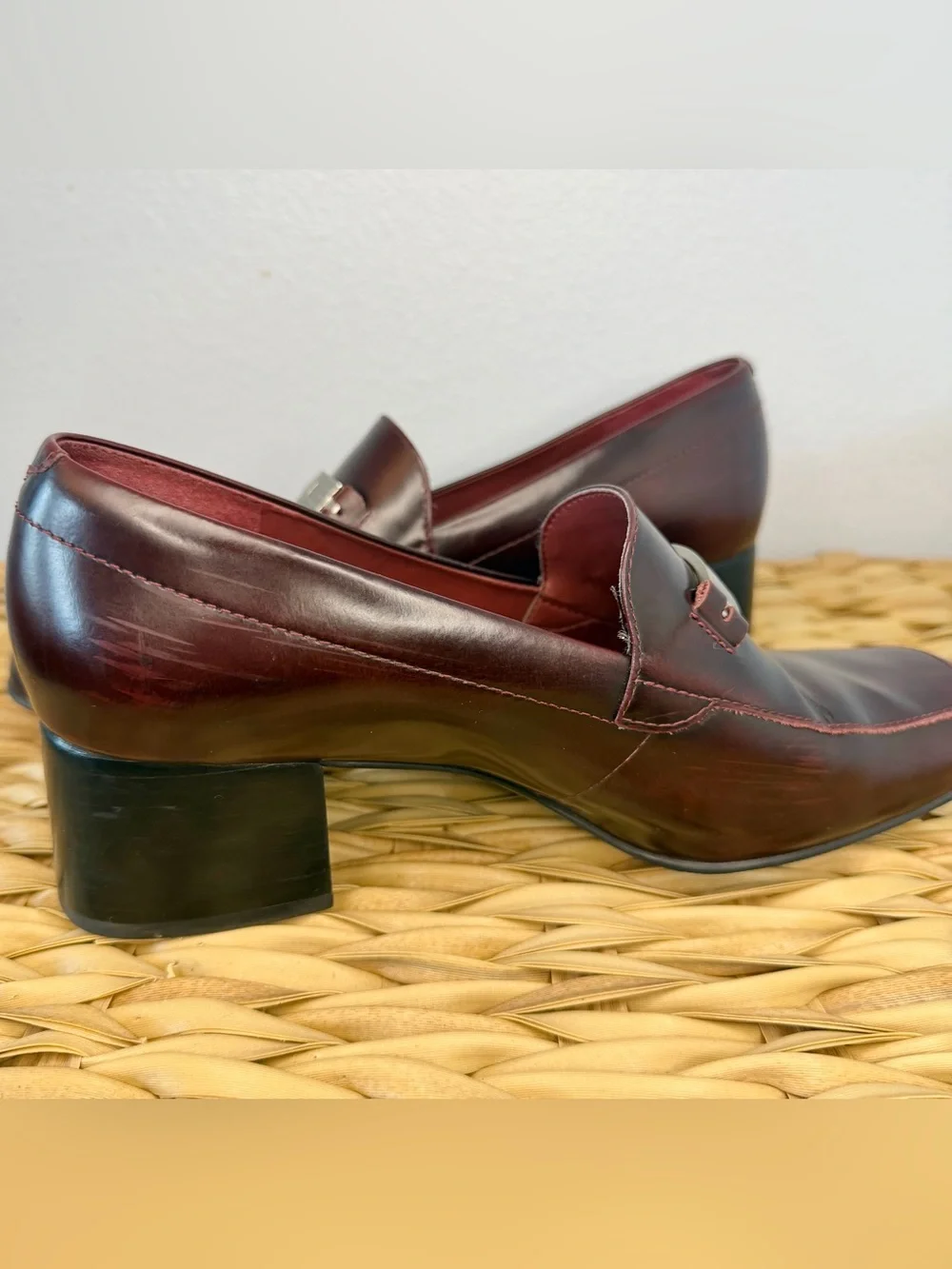 Burgundy Leather Block Heel Women’s Loafers - Lauren Ralph Lauren, Size 7.5